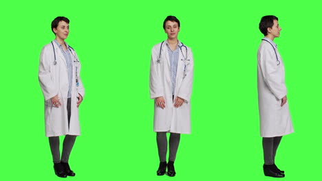 Porträt-Eines-Arztes,-Der-Einen-Weißen-Kittel-Und-Ein-Stethoskop-Für-Untersuchungen-Trägt